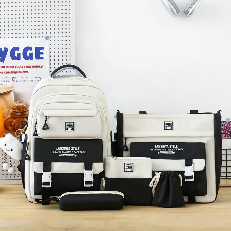 Colorblock Backpacks for Girls, 5-Piece Lightweight Preppy Aesthetic Set with Tote Bag for First Day of School, Back To School Shopping, Whats In My Bag, School Backpacks