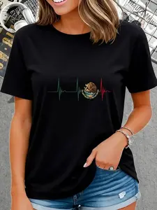 100% Cotton Unisex Mexico Heartbeat EKG Pulse Mexican Pride Emblem Mexico Flag T-Shirt Womenswear Top