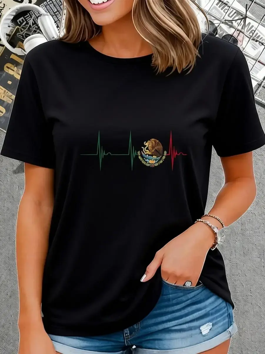 Women's 100% Cotton Soft Basic Short-Sleeve Crew Neck Essential T-Shirt - Breathable Casual Top, Mexico Heartbeat EKG Pulse Graphic, Mexican Pride Emblem, Mexico Flag Design, Valentines Day Pick, Hand Wash Algodón Tee