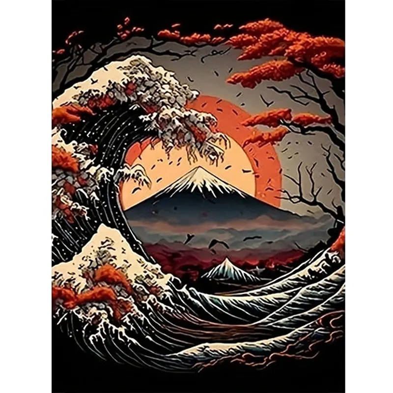 1PC  Diamond Painting Japanese Ukiyo-e Style Diamond Painting Kit Great Wave Mount Fuji with Red Maple Full Drill DIY Diamond Art for Home Wall Decor Gift for Art Lovers