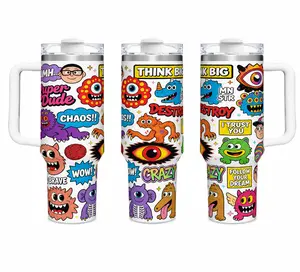 40oz Cute Monster Sticker Tumbler - Fun Cartoon Chaos Insulated Travel Mug