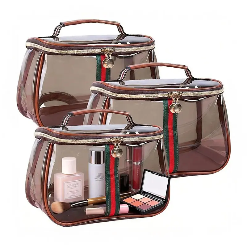 Women's Waterproof Retro Vintage Vanity Bag (1-2PCS), Portable Makeup Organizer, Transparent Brown Skincare & Toiletry Storage Case for Daily & Travel Use