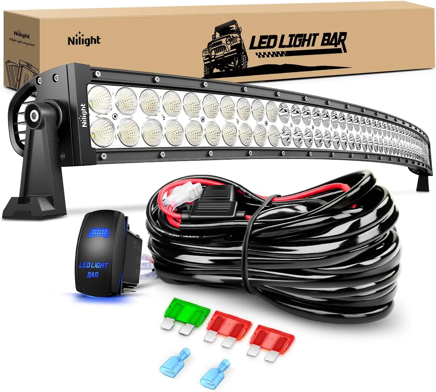 Nilight 50-Inch 288W Curved Car LED Light Bar with Spot-Flood Combo Beam, 12AWG 5-Pin Rocker Switch Wiring Kit – High Quality Heat Conduction Silicone Gel, Side Mounting Brackets, Silicone Sealing Strip, Waterproof Rubber Pad for Truck SUV Off-Road Use, W