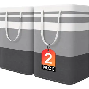 2 Pack Large Laundry Baskets, Waterproof, Freestanding Laundry Hampers, Collapsible Clothes Hamper with Reinforced Handles in Laundry Room, College Dorm, Bathroom, Bedroom (Grey, 75Lx2)