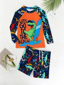 Unisex Surfing Dinosaur Letter Print Swimsuit Set, Long Sleeve Sun Protection Design, Suitable for Pool Beach Scenes, Outfit