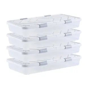 fathersdaygift VEVOR Under Bed Storage with Wheels, 31.7x 15.6x 6.9 inch Underbed Containers, Underbed Shoes Organizer with Lid Gray Latch, Rolling Under the Bed Storage Bins for Clothes Shoes Blankets, 4 Pack
