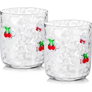 Durable Glass Beverage Tumbler Set - 2-Pack 14oz Transparent Lightweight Cups with Cherry Icons, Old-Fashioned Kitchenware for Valentine’s Day Party Supplies, Unique Birthday Gifts