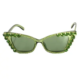 Fashion Culture Paige Pointed Retro Style Rhinestone Frame Cat Eye Sunglasses, Green