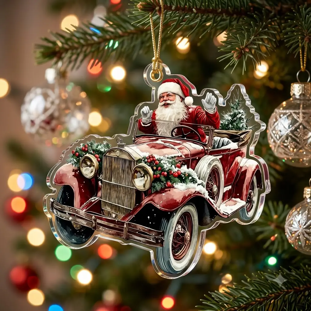 Vintage Santa Driving Classic Red Car Ornament, Acrylic Christmas Tree Decor, Retro Holiday Vehicle Keepsake, Festive Car Lover Gift