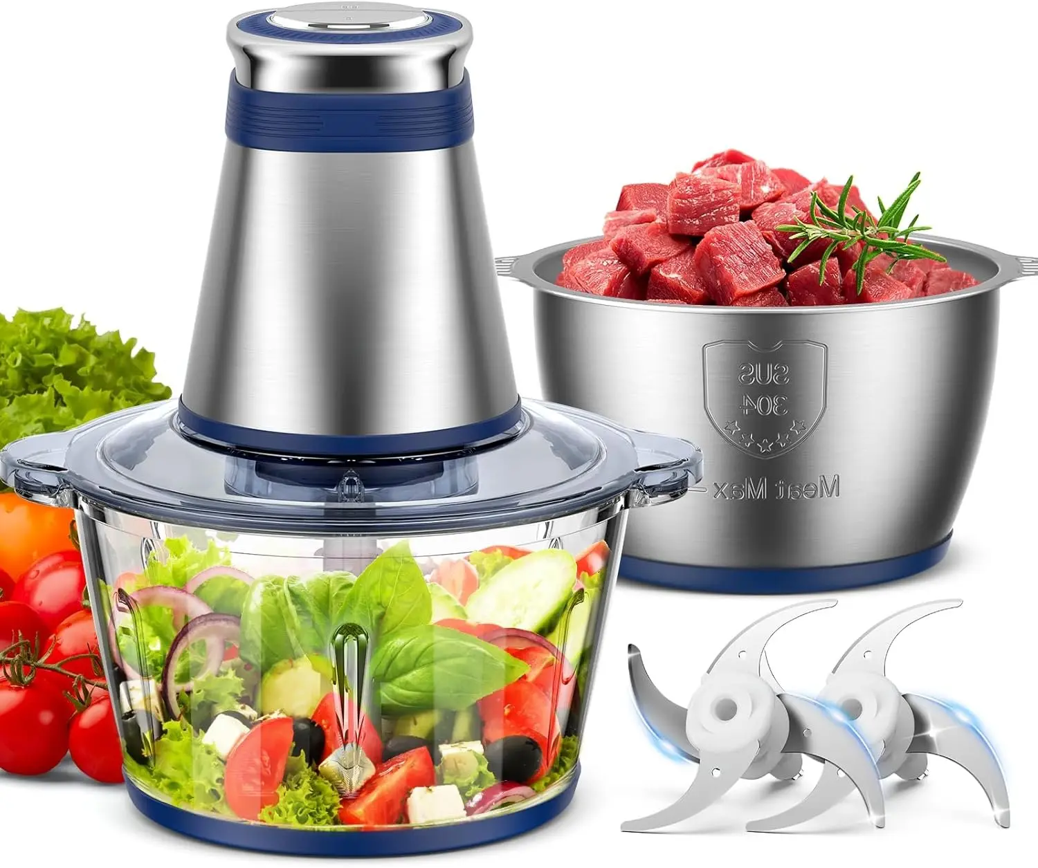 Processor, 500W Electric   with 2 Bowls (8 Cup+8 Cup) & 2 Bi-Level &, Small Electric  Meat Processor for Nuts, Meat, Onion, Garlic,  , Blue