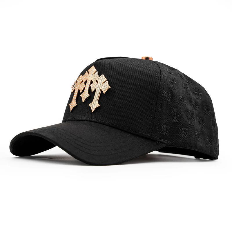 Hat Chrome Rose Gold Trucker Hat – Premium Black Adjustable Snapback with 3D Chrome Metal Crosses, Trendy Streetwear Baseball Cap