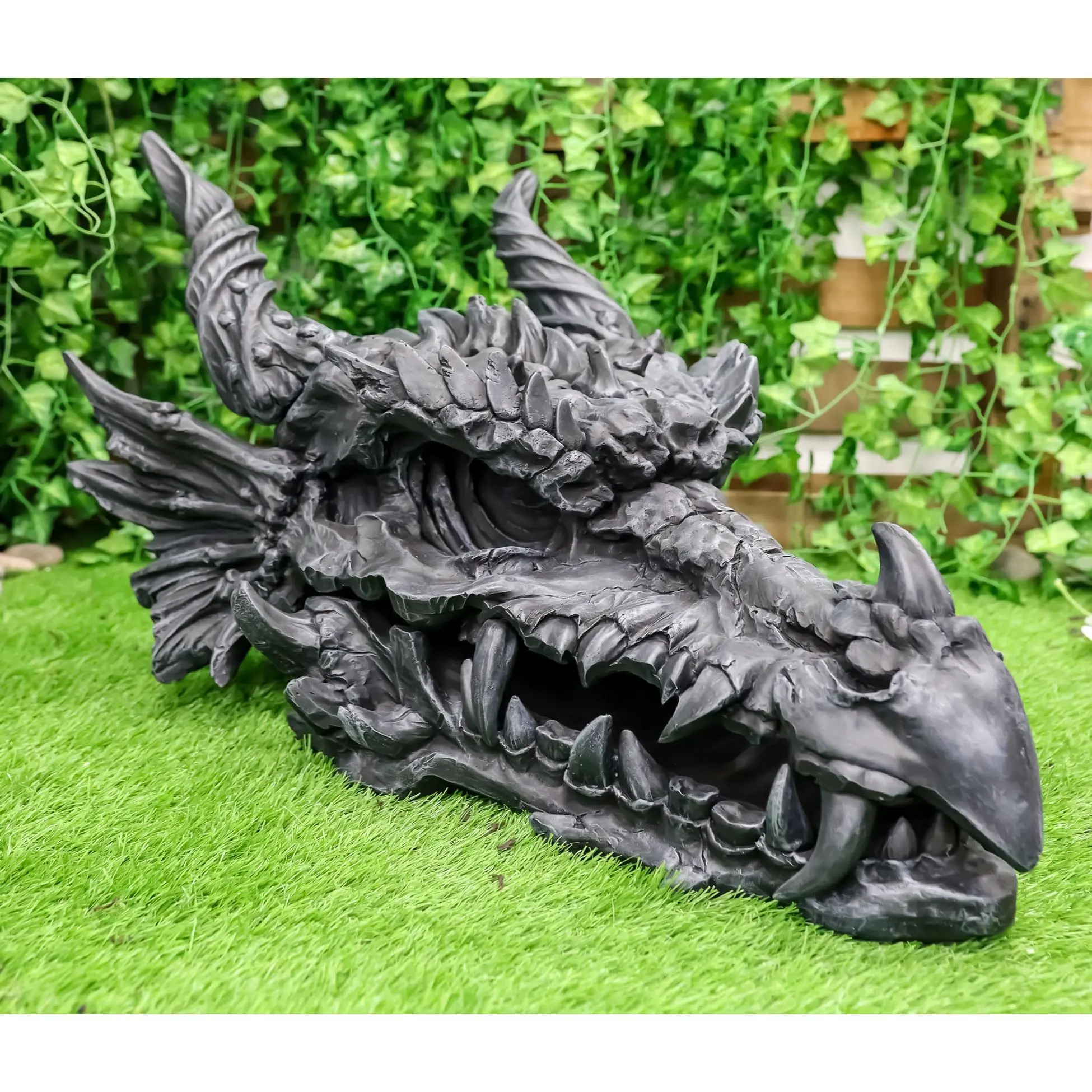 Oversized Giant 27"L Dragon Black Fossil Skull With Horns Grendel Drake Statue