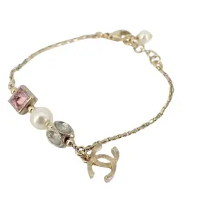 Pre-owned Chanel Coco Mark CC Vintage rhinestone Gold Bracelet