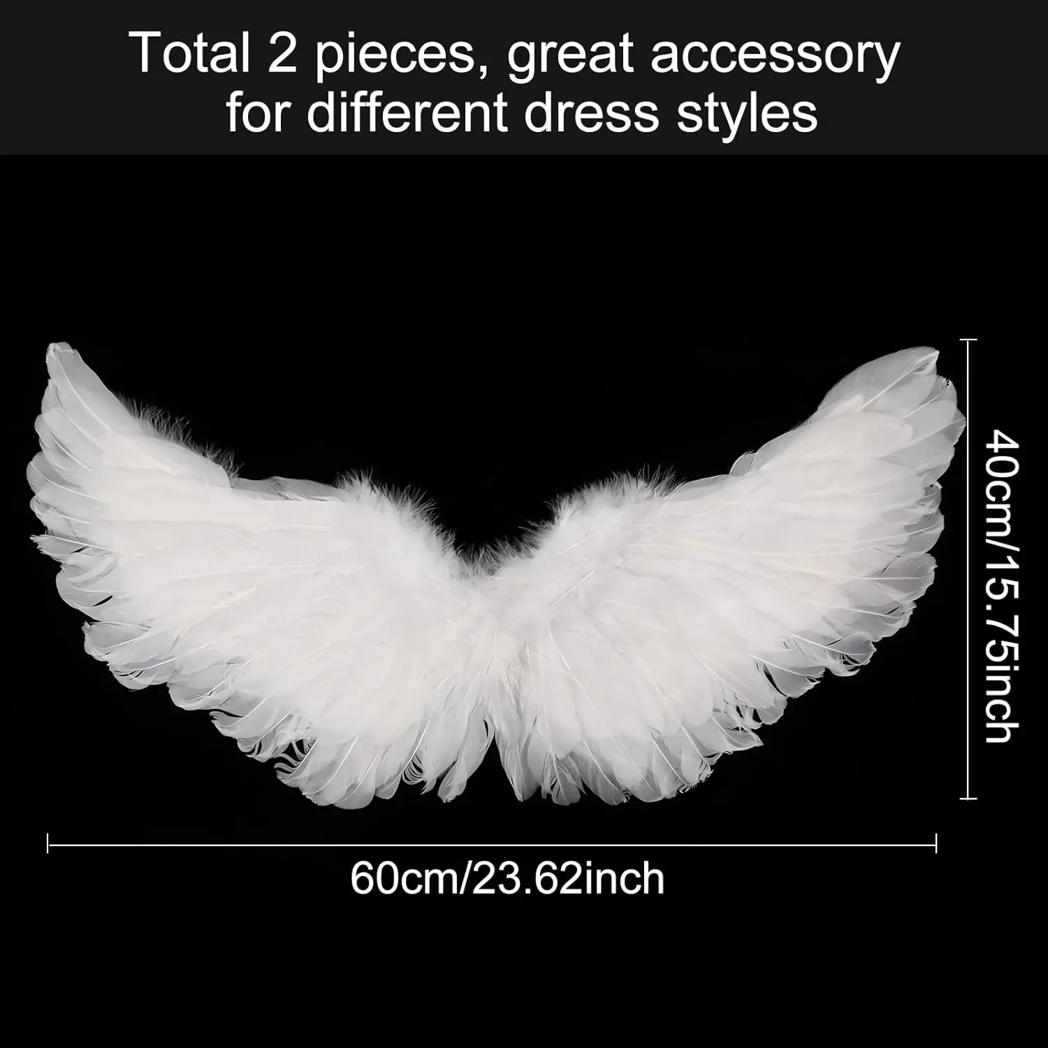 Women's Large Size Synthetic Magical Angel Feather Floating Wings Set (2 Pcs, 23.62x15.75in, White) with Elastic Straps - DIY Cosplay, Halloween Costume Accessories for Adult Wedding Games, Photo