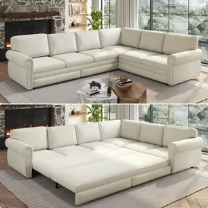 118" L-Shaped Sofa Couch with Pull-Out Bed,Oversize Convertible Sleeper Sofa with Nailhead Trim & Rolled Arm,Chenille Upholstered Sectional Couches, for Living Room, Apartment, Office, Beige/White