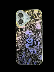 Dark-Style Skeleton Girl Printed Phone Case for iPhone 17, 16, 15, 14, and 13 Pro Max; Gradient Laser-Etched Shock-Resistant Phone Case for iPhone 16 Plus (Unisex)