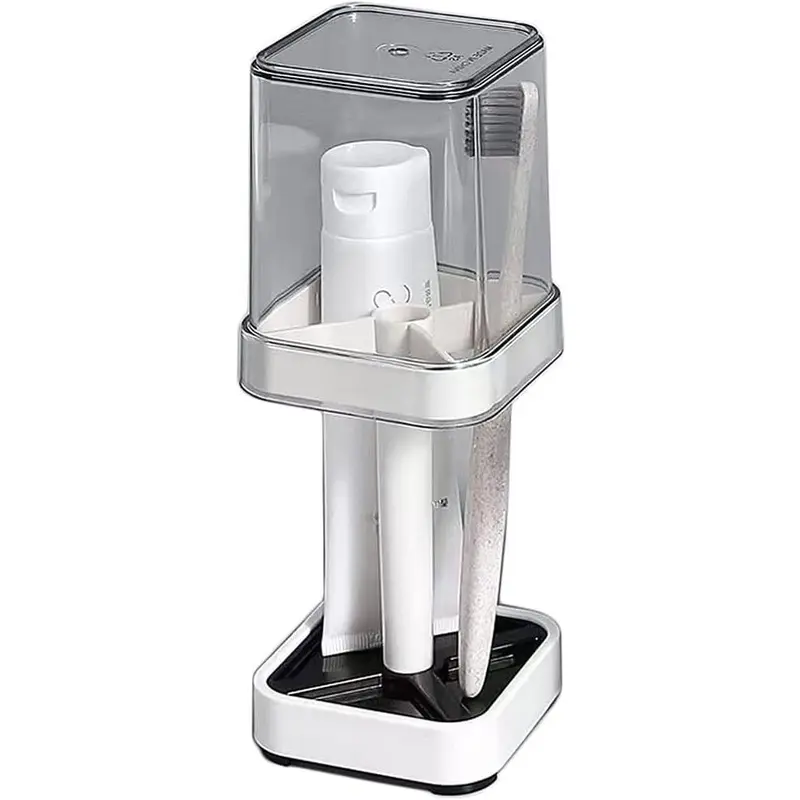 Dustproof Toothbrush Holder - Lidded Bathroom Accessory with 3 Slots & Cup, Compact Counter Organizer for Storing Toothbrushes, Toothpaste, Razors & Combs, Space-Saving Easy-Clean Washroom Sink Toiletry Storage, Dustproof Toothbrush Holders