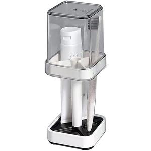 Dust-proof toothbrush holder, lidded bathroom storage rack with 3 slots & cup, stores toothbrush toothpaste razor comb, compact dust cover counter organizer, space saving washroom sink family toiletry storage easy clean vanity counter household accessory