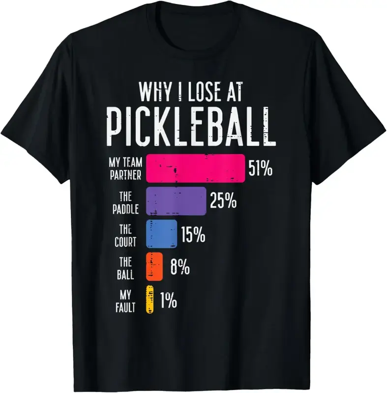 Unisex 100% Cotton Short Sleeve Round Neck Casual Distressed Graphic T-Shirt - "Why I Lose At Pickleball" Funny Design