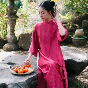 "Cuc Hoa" Ao Dai set - Wormsilk in Dark Pink [Modern Style]