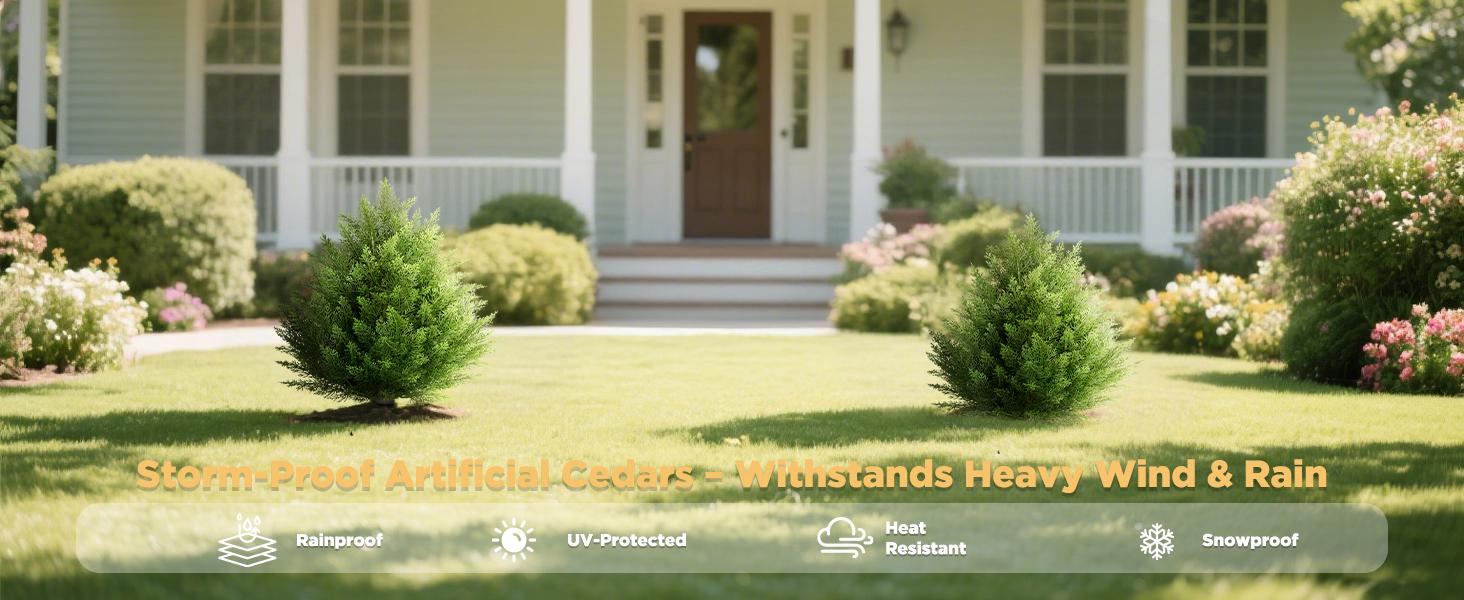 (2 Pack) 2ft Tall Artificial Cedar Shrub Ball Tree with Spike |  UV-Resistant Outdoor Plants for Pots & Landscape, Fake Plants Suitable for Garden, Porch, Balcony & Indoor Decor