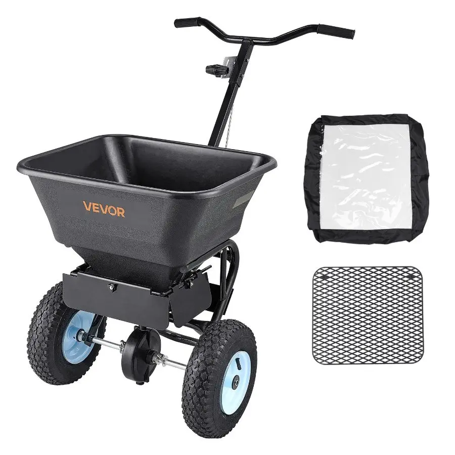 【DealsForYouDays】 Portable Garden Walk-Behind Push Lawn Spreader, 100LBS Capacity, 0-9.8ft Spreading Width, 13in All-Terrain Pneumatic Wheels, Hopper Grate-Equipped for Seed, Salt Applicationdealsforyoudays