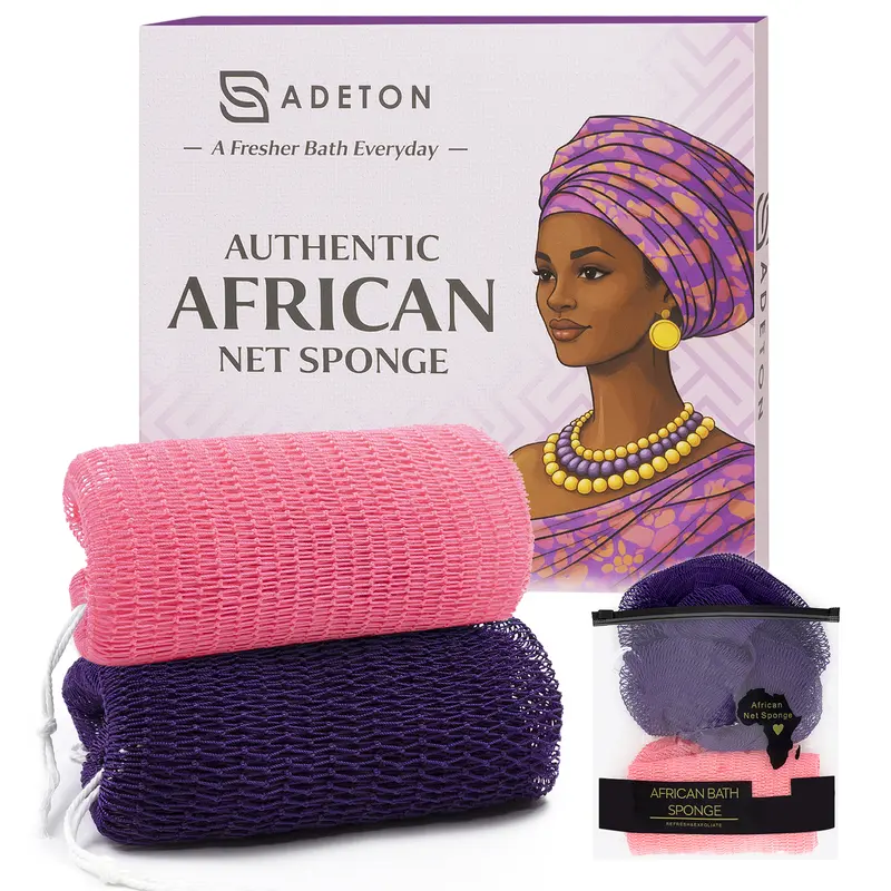 ADETON Authentic African Net Bath Sponge, 2-Pack Knotted Exfoliating Shower Sponge for Soft, Smooth, Glowing Skin (Pink & Purple)