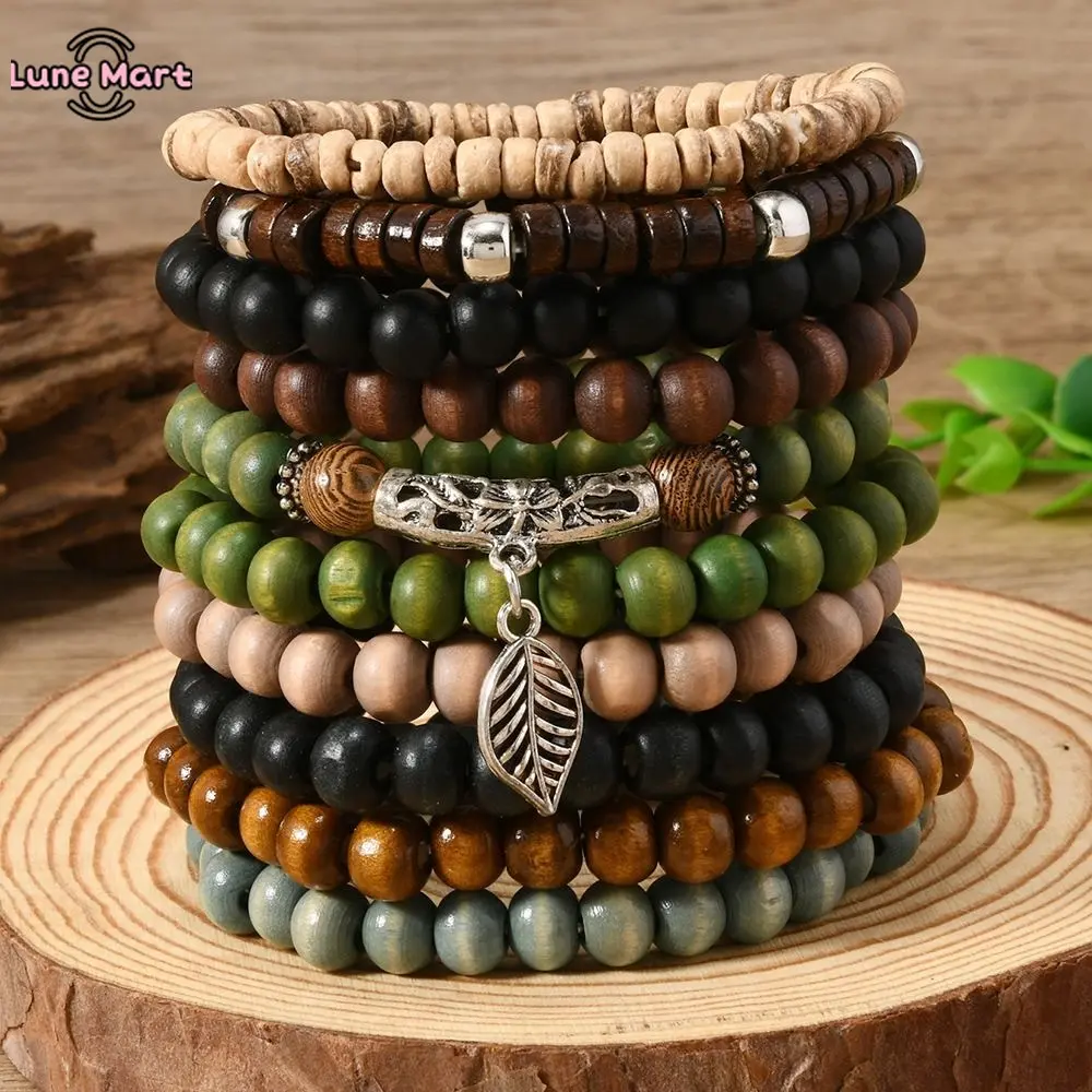 10Pcs/Set Ethnic Boho Bracelets & Bangles - Handmade Multilayered Multicolored Wooden Bead Wristbands, Unisex Daily Fashion Hand Strings, Pair Gift for Sports, Outdoor Use, Wooden Beads, Alt-Style Bracelets & Bangles, Beaded Wristbands