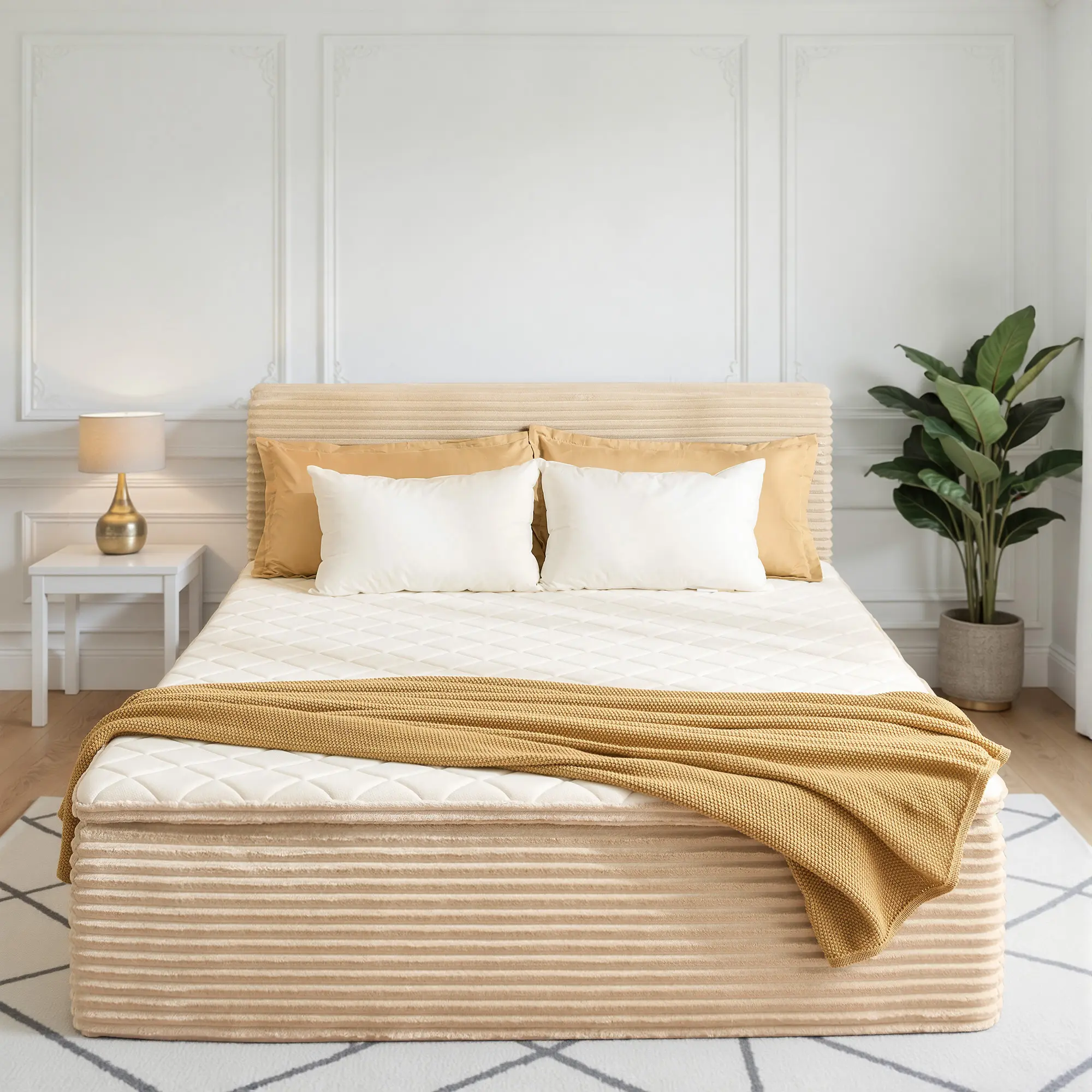 ALLWEX Multi-Size Upholstered Platform Bed Unboxing Set with 6-Layer Hybrid Mattress, 55" Modern Cloud Bed, Thick Padded Headboard with Soft Padded Edges, Pocket Springs & Adaptive Foam, No Box Spring Needed, for Bedroom Decor