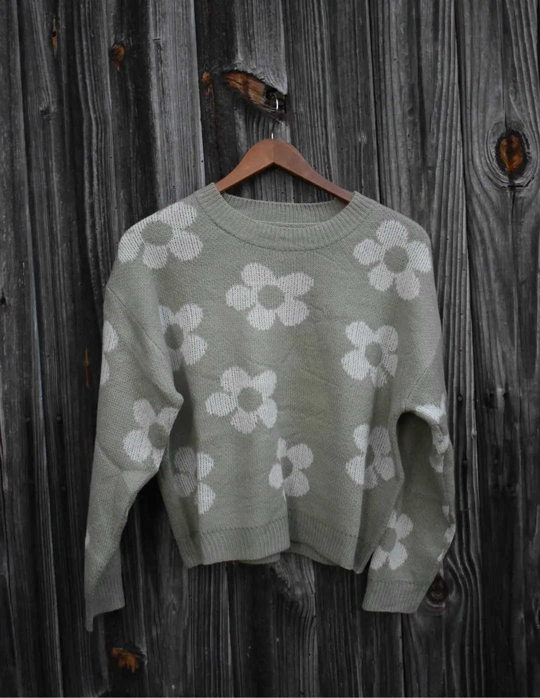 Green Daisy Knit Sweater – Floral Crewneck Pullover