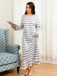 Women's Plus Size Striped Print Long Sleeve Sleepwear, Feminine Floral Hem Nightgown for All Seasons, Comfortable Soft Breathable Loungewear, Womenswear