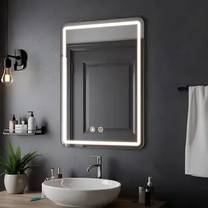 Wall Mounted LED Bathroom Mirror 50x70 cm, Backlit Vanity Mirror with Anti-Fog Defogger Dimmable 3 Color Lighting IP54 Waterproof Vertical Lighted Mirror for Makeup Shaving Bathroom Decor