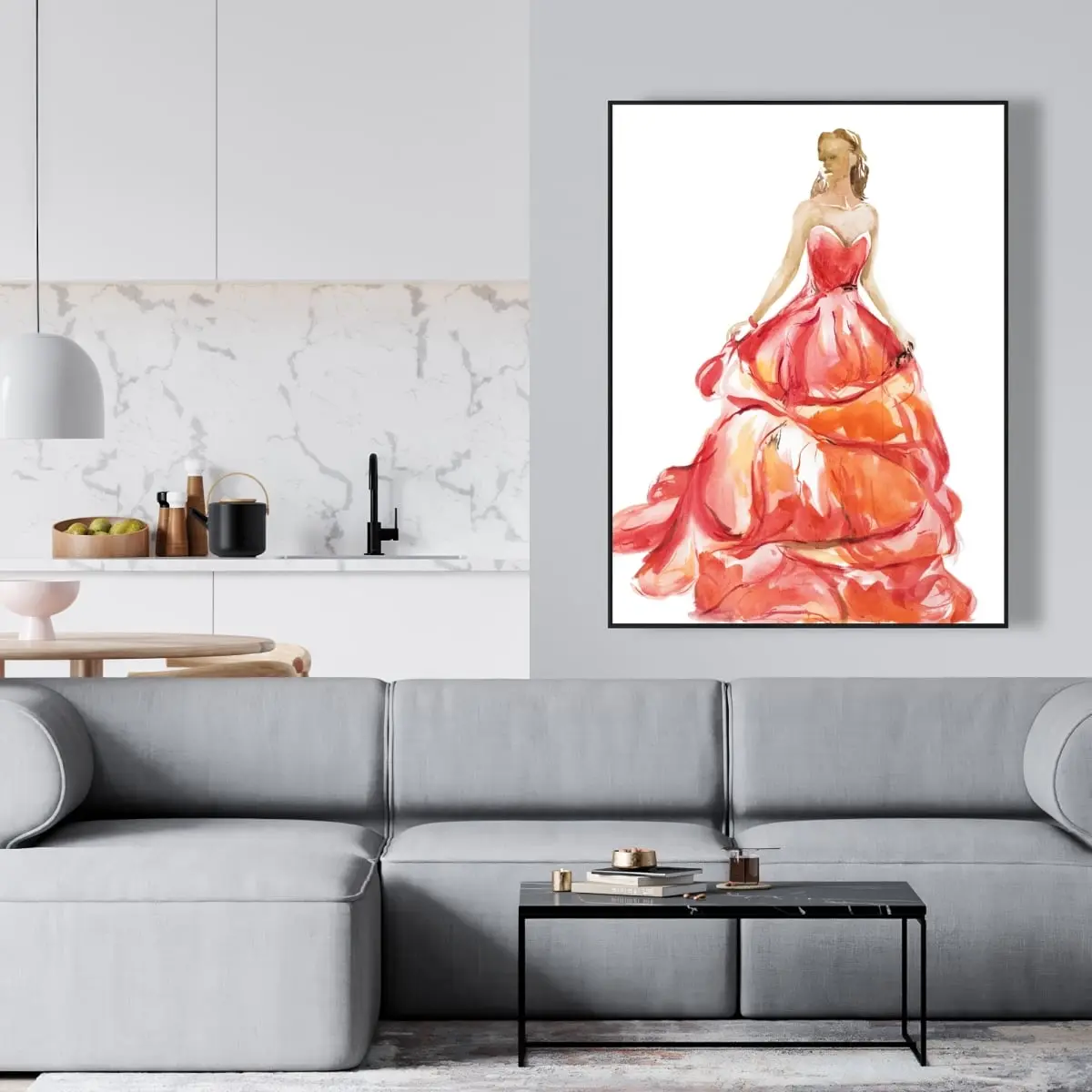 360 Stand Figurative Woman Photo Wall Art Print - 36x48 in. Artistic Red Prom Dress Artwork, Ready-to-Hang Modern Home Decoration, Room Decorations, Home Supplies Poster