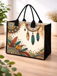Canvas Tote Bag for Women, Boho Dreamcatcher Feather Print Tote, Large Reusable Shopping Bag, Heavy Duty Canvas Grocery Tote, Washable Utility Carryall, Reinforced Handles