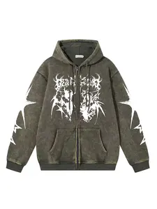 Men's American Vintage Dark Wash Tie Dye Star Flame Skull Graphic Hoodie Jacket, Zipper Pocket Design, Casual Fashion Sweatshirt