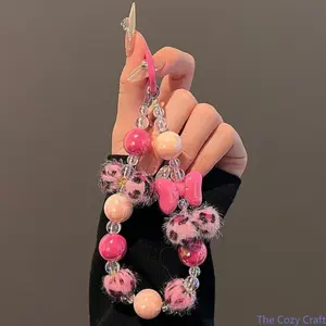 Trendy Leopard Print Bag Charm, INS‑Style Pom Pom Bow Beaded Short Chain, Dainty Wrist Lanyard Strap, Cute Decor Accessory for Phone Case, CCD Camera & Keychain, Stylish Girly Pendant for Daily Outfits, Casual Matching and Handbag Decoration outdoorfun