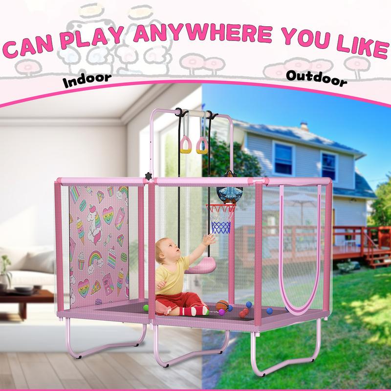 Skybound Rectangle Trampoline for Kids with Basketball Hoop, 36*55'' Indoor Outdoor Toddler Trampoline with Enclosure Net, Swing,  Ring, Ocean Balls, Small Trampoline Gift for Boys Girls, Best Gift for Kids