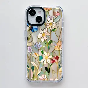 Glass Flower Pattern , Scratch Resistant Shockproof Protective Cover TPU Clear Soft Phone Case for iPhone 16 15 14 13 12 11 Pro Max Plus Women Durable