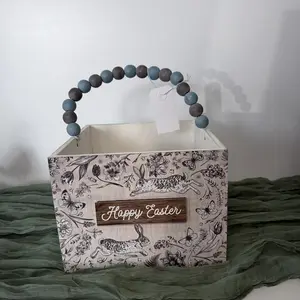 Easter Wooden Basket Decor, Happy Easter Bunny Box, Farmhouse Spring Storage Basket, Rustic Easter Table Centerpiece
