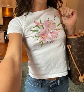 Pink Lily Flower Graphic Baby Tee, Aesthetic Floral Print Slim Fit T-Shirt, Soft Girl Y2K Cute Summer Outfit Women