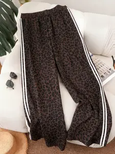 Fashion Leopard Print Track Pants Plus Size Casual Drawstring Waist Wide-Leg Joggers with White Stripes, Y2K Clothes Summer Daily Wear, Trendy Streetwear Bottoms, Comfortable Relaxed Fit Casual Trousers, Stylish Pattern Detail Party Casual Pants