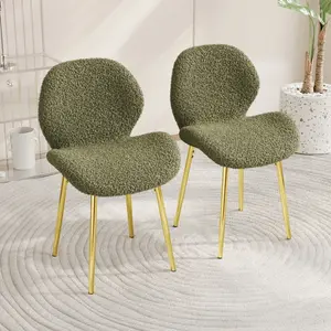 Modern minimalist green teddy velvet Dining Chairs Set of 2 with sturdy gold metal legs and comfortable backrest design, suitable for restaurants, kitchens, and offices.