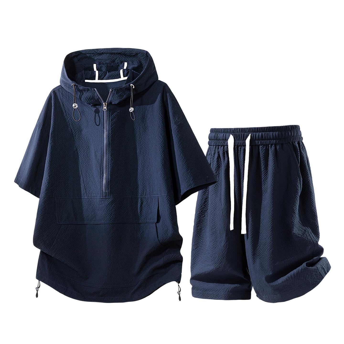 New summer casual men’s short-sleeve T-shirt and shorts set featuring bubble plaid, a hood, faux solid color, minimalist style—versatile loose fit two-piece set. #SummerWins