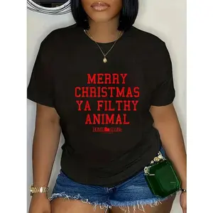 100% Cotton Home Alone Merry Christmas Ya Filthy Animal Text Stack T-Shirt