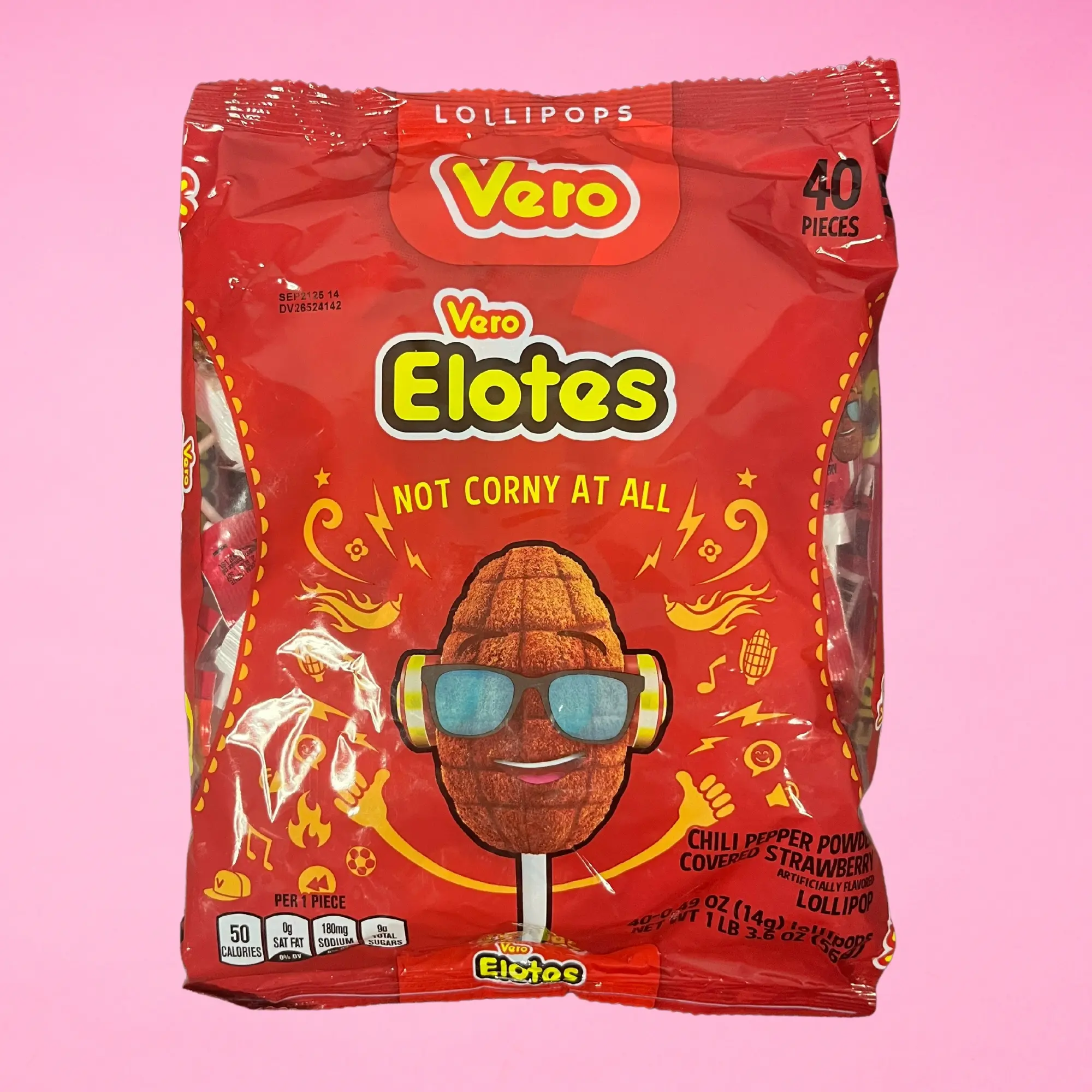 Vero Elote, 40-Pack, Strawberry Flavored Chili Powder Coated, Mexican Lollipop Candy, Snack Mexican Candy Dulces Mexicanos Sweet Spicy Sucker Corn