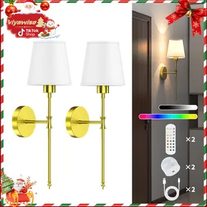 Viyawise Wall Lights Set of 2 with 2 Bulbs, 2 Type-C Cables & 2 Remotes – Battery Operated Wireless Wall Sconces, 9-Color Modes Rechargeable Lamps for Bedroom & Living Room