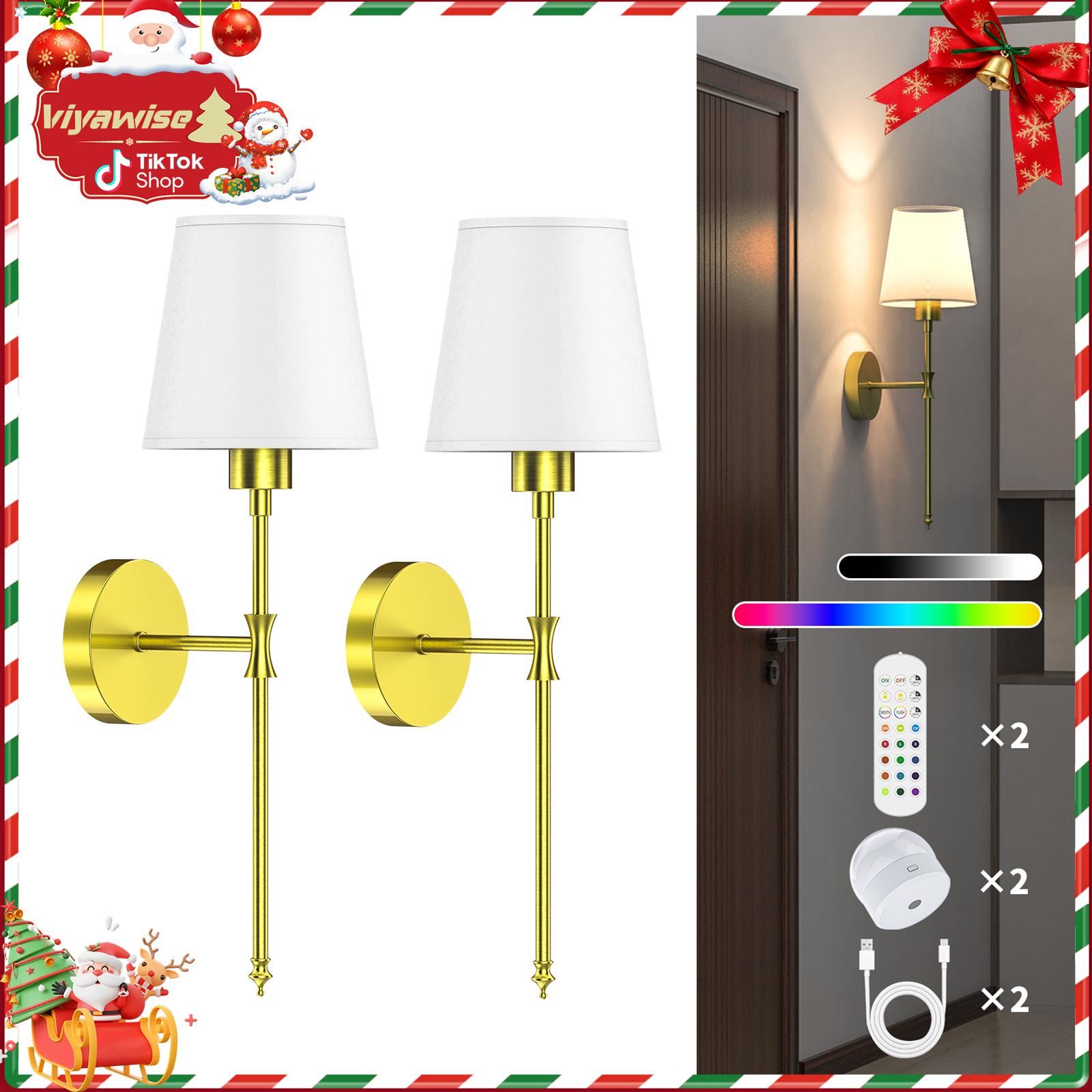 Viyawise Wall Lights Set of 2 with 2 Bulbs, 2 Type-C Cables & 2 Remotes – Battery Operated Wireless Wall Sconces, 9-Colo