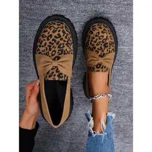 Women's Trendy Leopard - Print Bow - Accent Platform Loafers, Stylish Comfortable Walking - Friendly Outdoor Autumn & Winter Footwear, Female All - Match Casual Shoes for Daily Strolls & Urban Outings, Girl, Easy - Wear Fashion Sneakers
