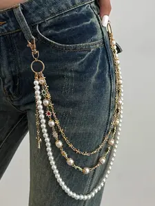 Vintage Glamorous Color Diamond Imitation Pearl Waist Chain, Ladies Trendy Cross Pants Chain for Decorative Style Adjustable Waist Chain