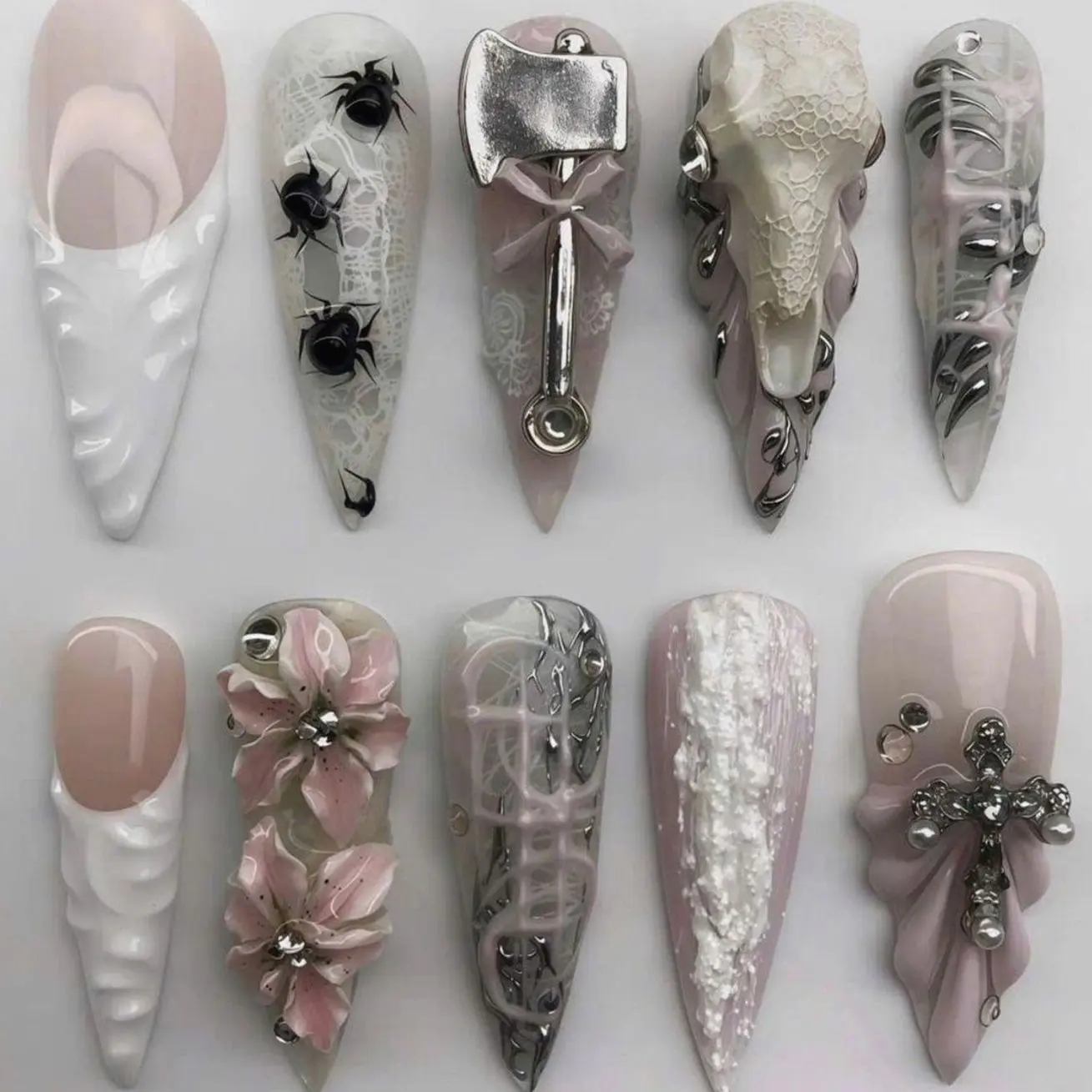 Pink Silver Gothic Press On Nails, 3D Cross Charm, Floral Accents, Metallic Details, Lace Texture, Statement Stiletto Nail Art